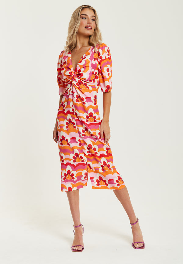 Liquorish Women's Midi Dress In Orange And Pink With Knot Front V Neck Short Sleeves And Front Slit - Liquorish