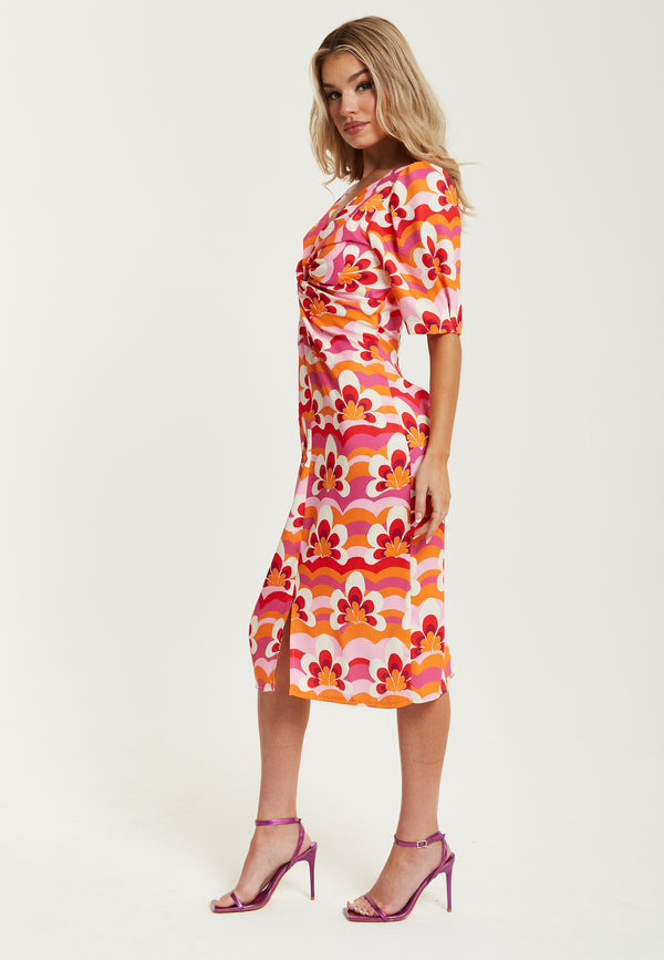 Liquorish Women's Midi Dress In Orange And Pink With Knot Front V Neck Short Sleeves And Front Slit - Liquorish