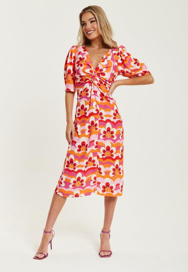 Liquorish Women's Midi Dress in Orange and Pink with Knot Front V Neck Short Sleeves and Front Slit - Liquorish