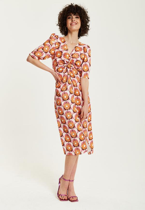 Liquorish Women's Midi Dress In Orange Floral With Knot Front And Short Sleeves - Perfectly Chic By Liquorish