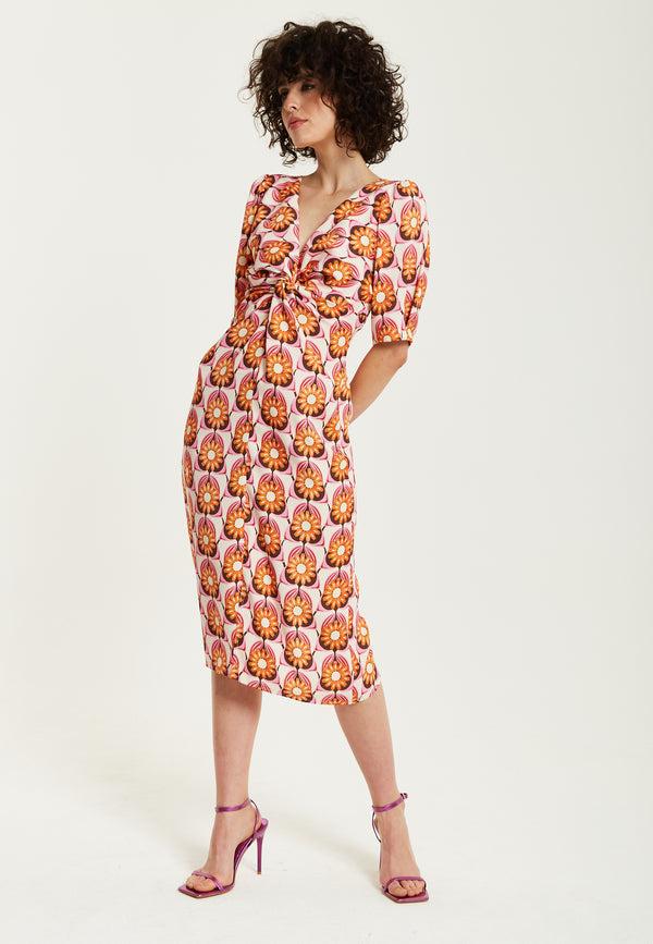 Liquorish Women's Midi Dress In Orange Floral With Knot Front And Short Sleeves - Perfectly Chic By Liquorish