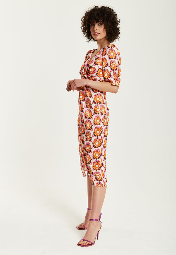 Liquorish Women's Midi Dress In Orange Floral With Knot Front And Short Sleeves - Perfectly Chic By Liquorish