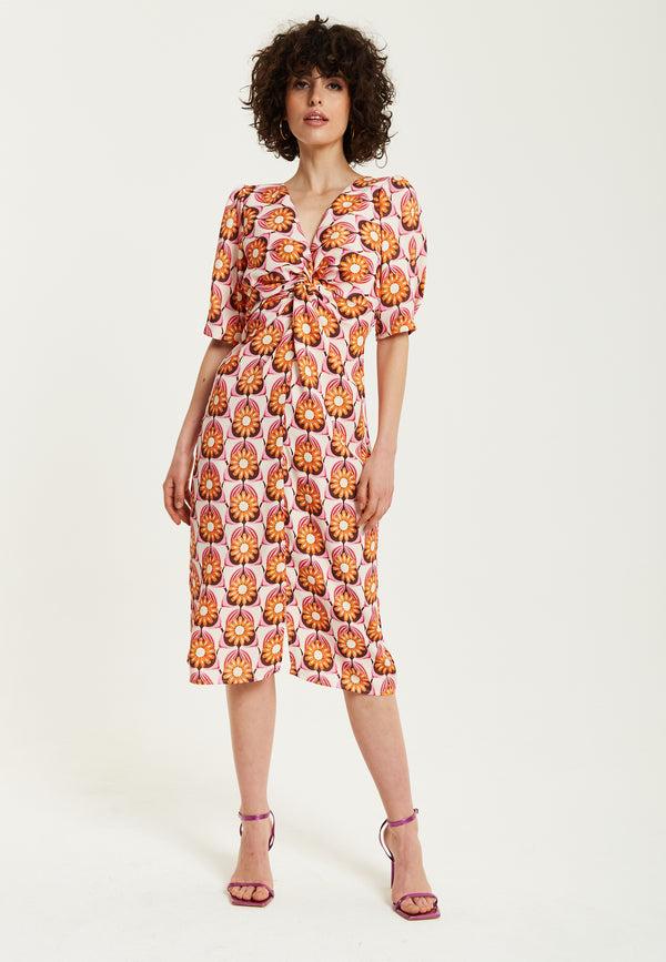 Liquorish Women's Midi Dress in Orange Floral with Knot Front and Short Sleeves - Perfectly Chic by Liquorish