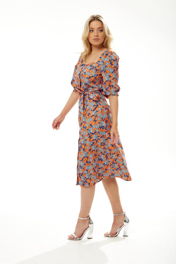 Liquorish Women's Midi Dress In Orange Floral With Short Sleeves And Waist Tie - Liquorish
