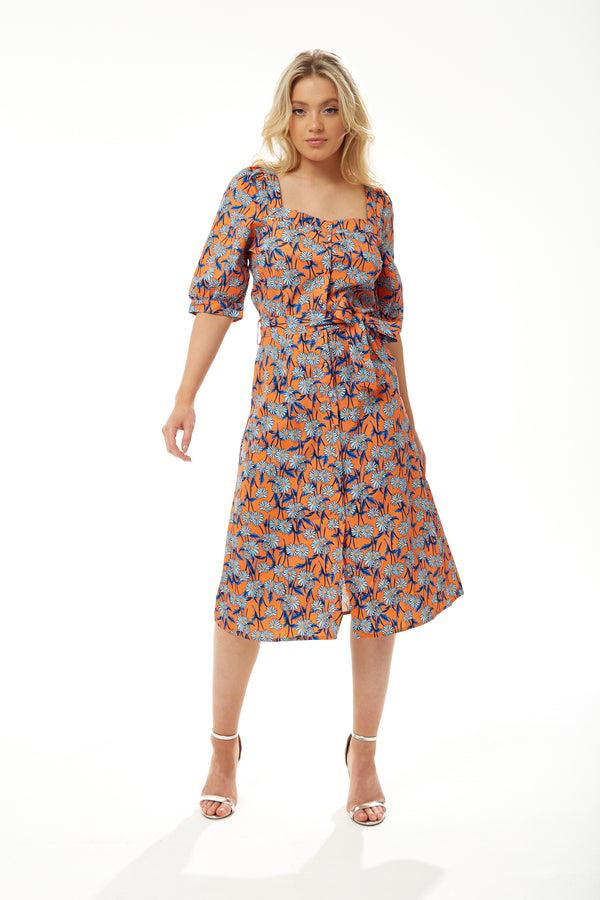 Liquorish Women's Midi Dress in Orange Floral with Short Sleeves and Waist Tie - Liquorish