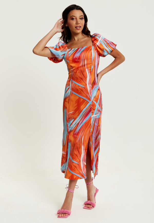 Liquorish Women's Midi Dress In Orange With Puff Sleeves And Square Neck - Liquorish