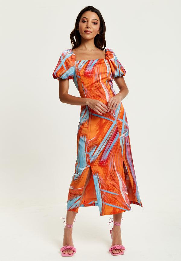 Liquorish Women's Midi Dress In Orange With Puff Sleeves And Square Neck - Liquorish