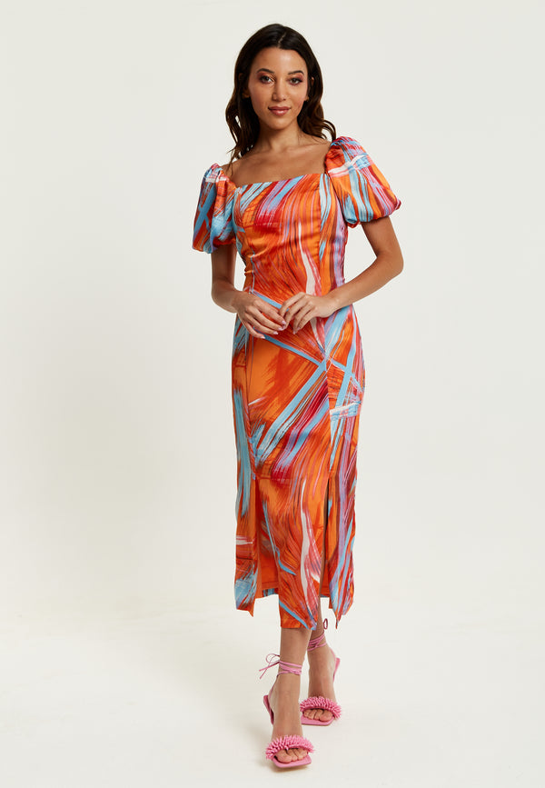Liquorish Women's Midi Dress in Orange with Puff Sleeves and Square Neck - Liquorish
