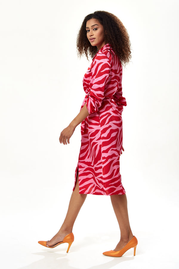 Liquorish Women's Midi Dress In Pink And Red Zebra Print With Long Sleeves - Liquorish