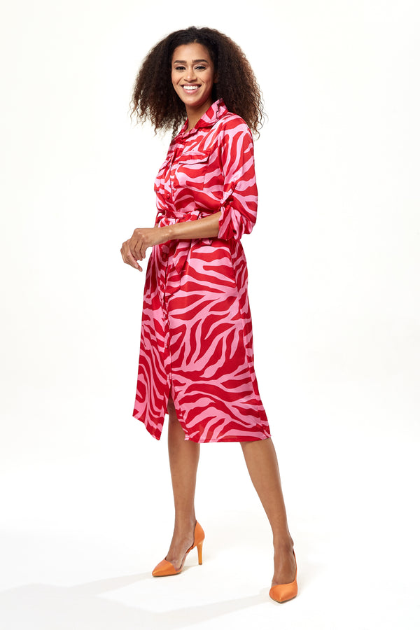 Liquorish Women's Midi Dress in Pink and Red Zebra Print with Long Sleeves - Liquorish