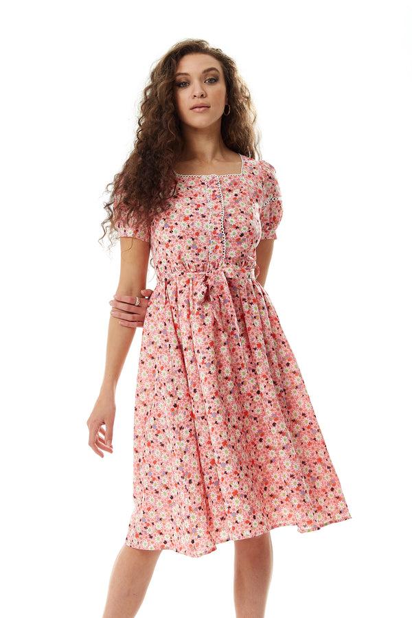 Liquorish Women's Midi Dress in Pink Floral with Short Sleeves and Lace Trim Details - Liquorish