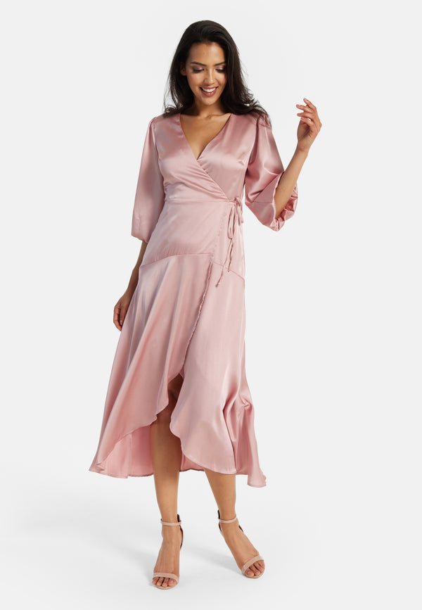 Liquorish Women's Midi Dress In Pink With Short Puff Sleeves - Elegant Wrap Design By Liquorish