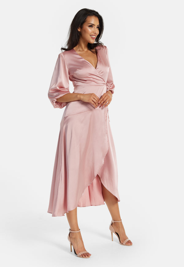 Liquorish Women's Midi Dress in Pink with Short Puff Sleeves - Elegant Wrap Design by Liquorish
