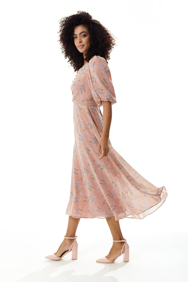 Liquorish Women’s Midi Dress In Pink With Short Sleeves And Tie Waist - Floral Print By Liquorish