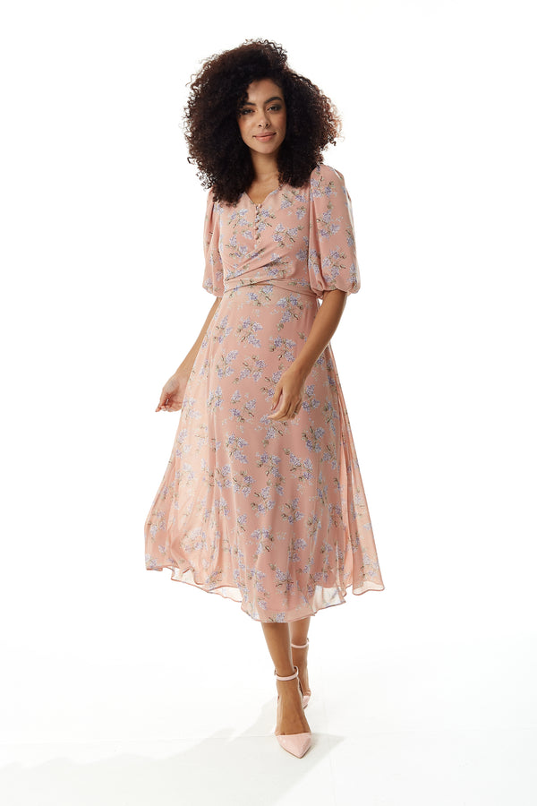 Liquorish Women’s Midi Dress In Pink With Short Sleeves And Tie Waist - Floral Print By Liquorish