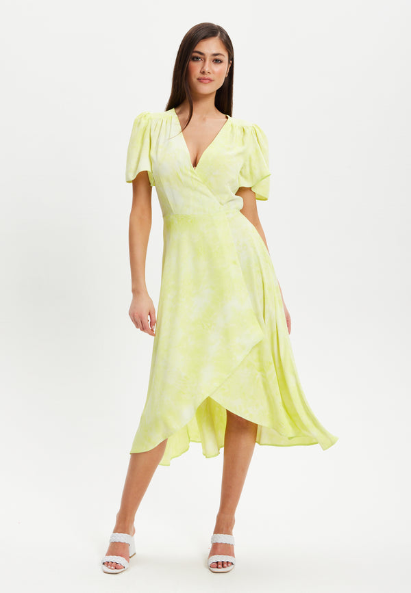 Liquorish Women’s Midi Dress in Pistachio with Angel Sleeves - Elegant Liquorish Design