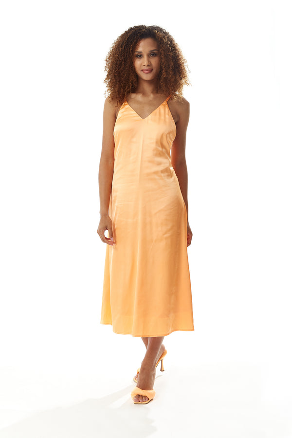Liquorish Women’s Midi Dress In Plain Orange With Cami Style And Deep V Neck Adjustable Straps Sleeveless - Liquorish