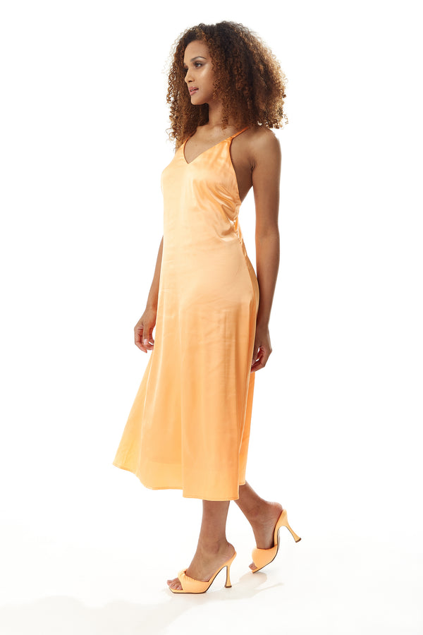 Liquorish Women’s Midi Dress In Plain Orange With Cami Style And Deep V Neck Adjustable Straps Sleeveless - Liquorish