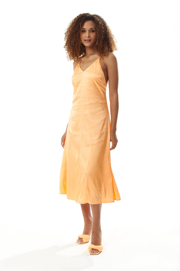 Liquorish Women’s Midi Dress in Plain Orange with Cami Style and Deep V Neck Adjustable Straps Sleeveless - Liquorish