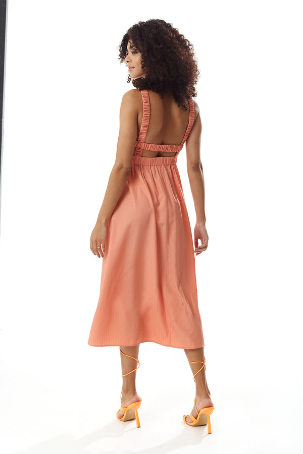 Liquorish Women's Midi Dress In Plain Orange With Open Back Sleeveless Design And Elasticated Waist - Liquorish