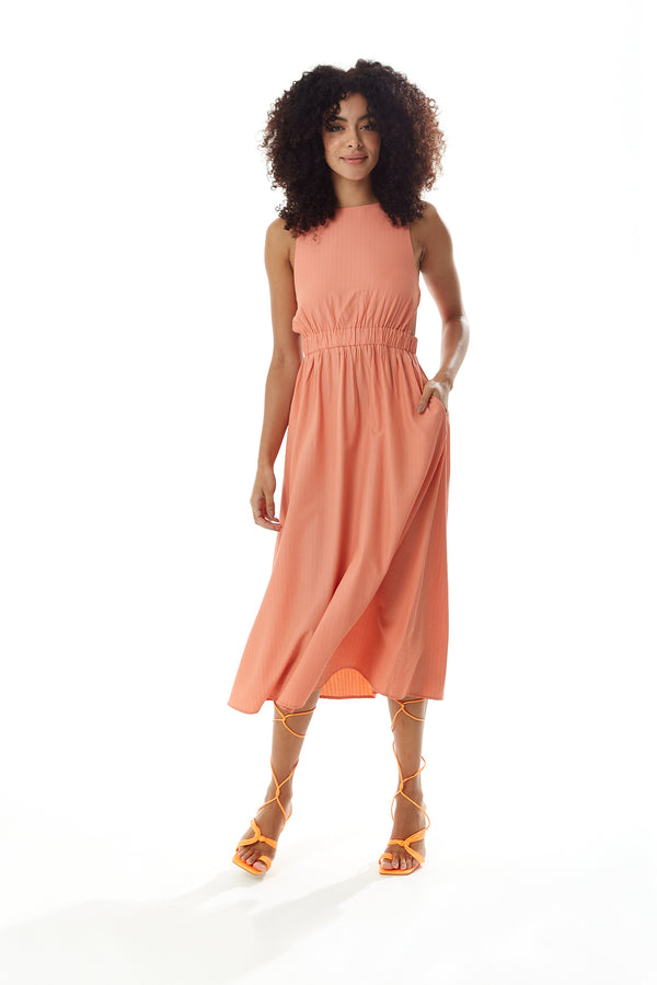 Liquorish Women's Midi Dress in Plain Orange with Open Back Sleeveless Design and Elasticated Waist - Liquorish