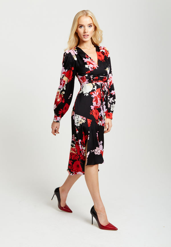 Liquorish Women's Midi Dress In Red And Pink With Long Balloon Sleeves - Liquorish