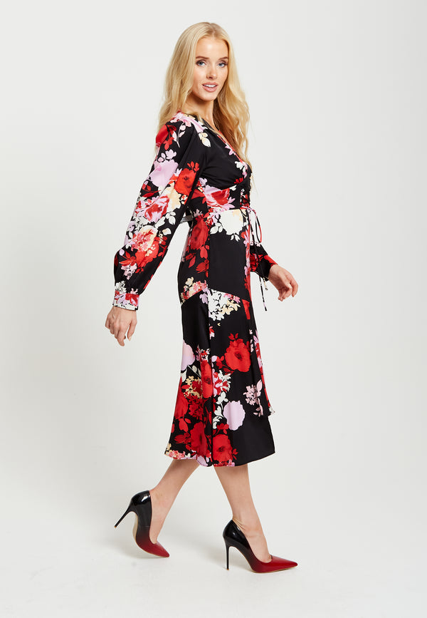 Liquorish Women's Midi Dress In Red And Pink With Long Balloon Sleeves - Liquorish