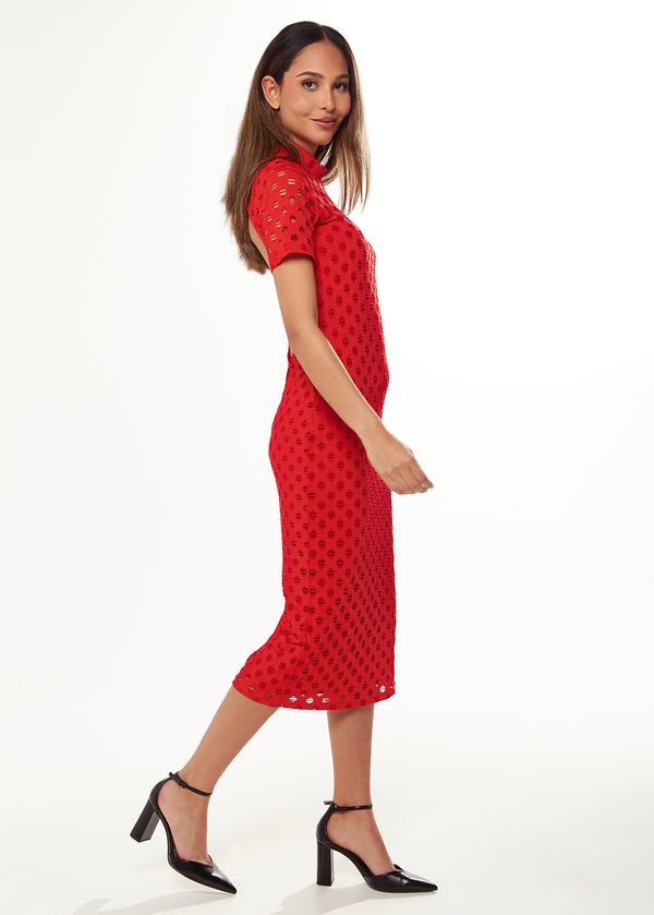 Liquorish Women's Midi Dress In Red With High Neck Short Sleeves And Open Back Detail - Liquorish