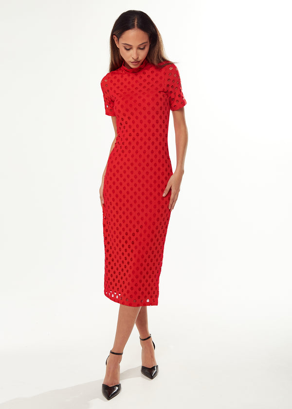 Liquorish Women's Midi Dress In Red With High Neck Short Sleeves And Open Back Detail - Liquorish