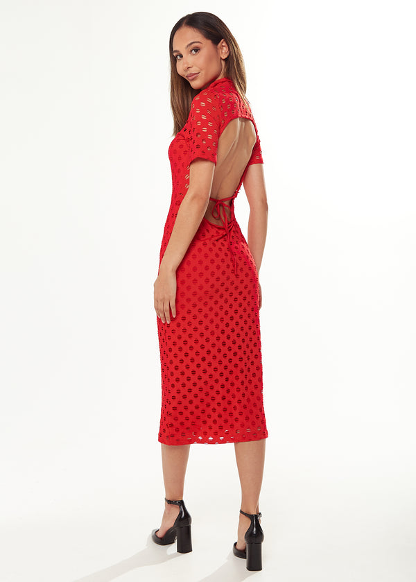 Liquorish Women's Midi Dress In Red With High Neck Short Sleeves And Open Back Detail - Liquorish