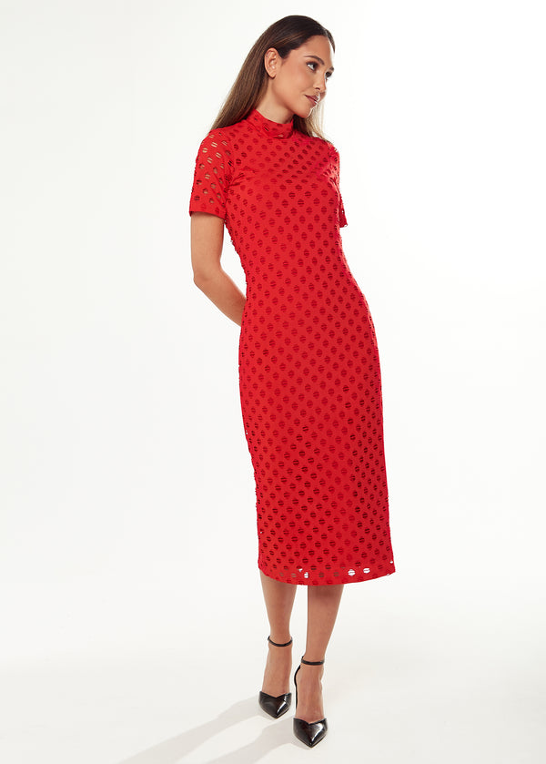 Liquorish Women's Midi Dress in Red with High Neck Short Sleeves and Open Back Detail - Liquorish