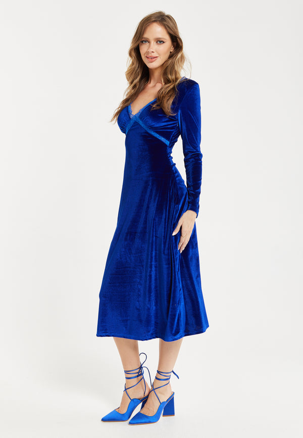 Liquorish Women's Midi Dress In Royal Blue Velvet With Long Sleeves - Liquorish