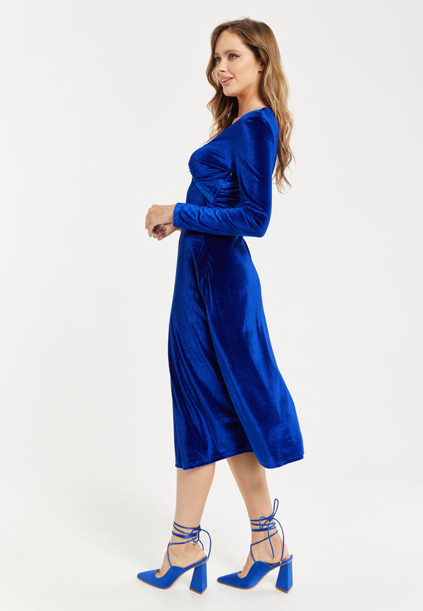 Liquorish Women's Midi Dress In Royal Blue Velvet With Long Sleeves - Liquorish
