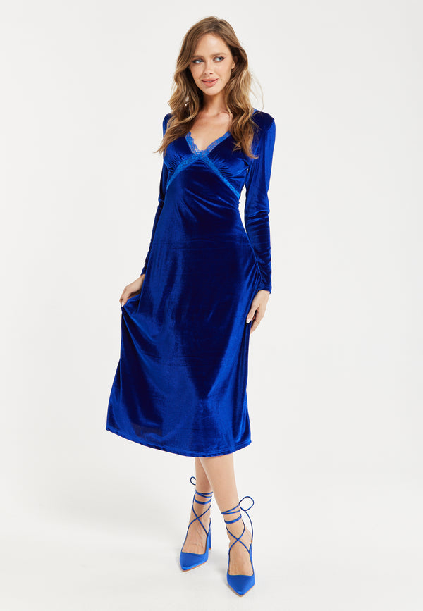 Liquorish Women's Midi Dress in Royal Blue Velvet with Long Sleeves - Liquorish