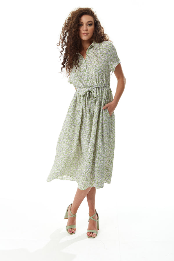 Liquorish Women's Midi Dress In Sage And Purple Floral With Short Sleeves - Button Up And Tie Waist By Liquorish