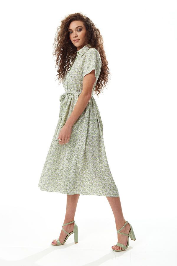 Liquorish Women's Midi Dress In Sage And Purple Floral With Short Sleeves - Button Up And Tie Waist By Liquorish