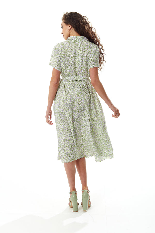 Liquorish Women's Midi Dress In Sage And Purple Floral With Short Sleeves - Button Up And Tie Waist By Liquorish