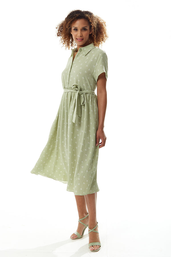 Liquorish Women's Midi Dress In Sage Green With Cherry Print And Short Sleeves Button Up Front Tie Waist - Liquorish