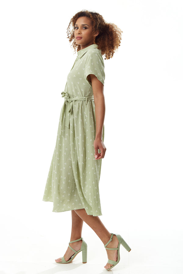 Liquorish Women's Midi Dress In Sage Green With Cherry Print And Short Sleeves Button Up Front Tie Waist - Liquorish