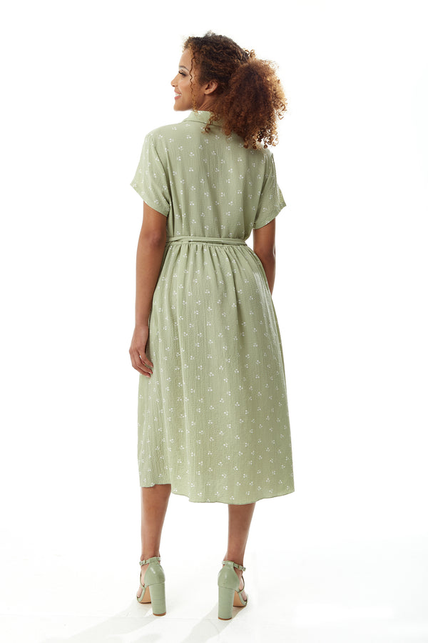 Liquorish Women's Midi Dress In Sage Green With Cherry Print And Short Sleeves Button Up Front Tie Waist - Liquorish