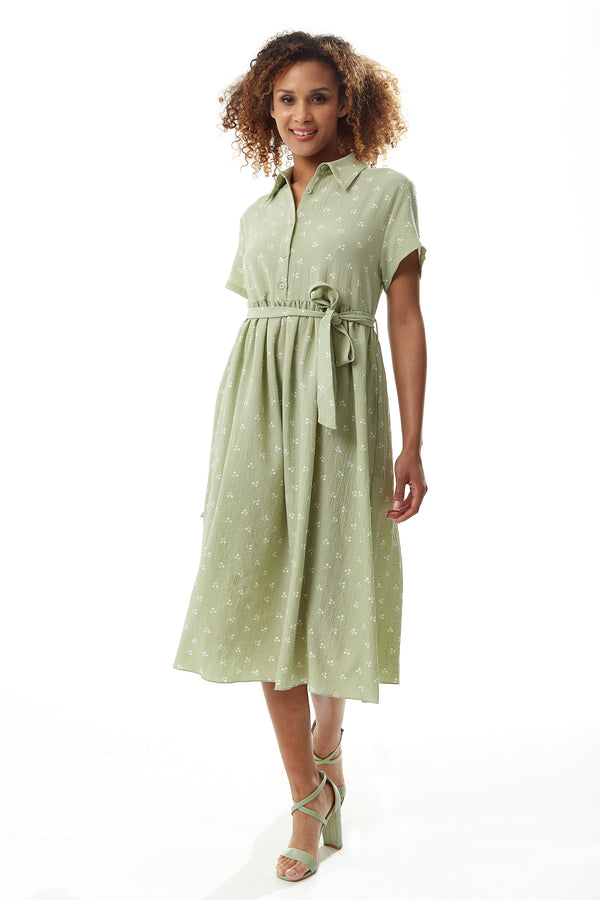 Liquorish Women's Midi Dress in Sage Green with Cherry Print and Short Sleeves Button Up Front Tie Waist - Liquorish
