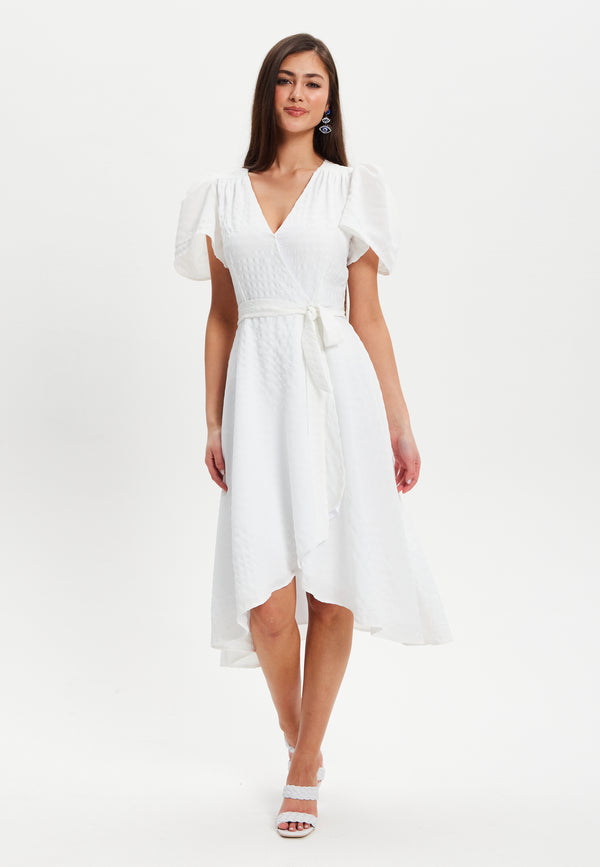 Liquorish Women's Midi Dress In White With Angel Sleeves - Elegant Checkered Wrap Design By Liquorish