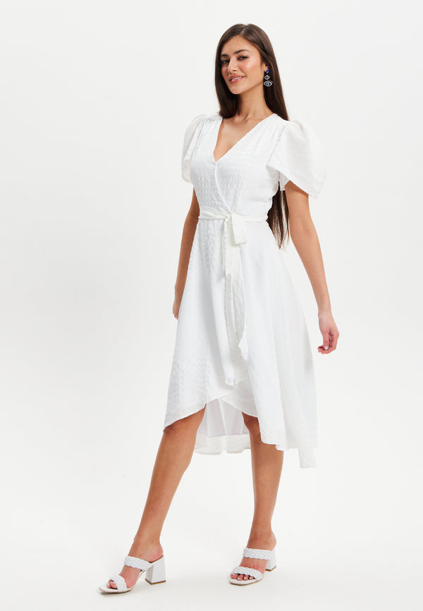 Liquorish Women's Midi Dress In White With Angel Sleeves - Elegant Checkered Wrap Design By Liquorish