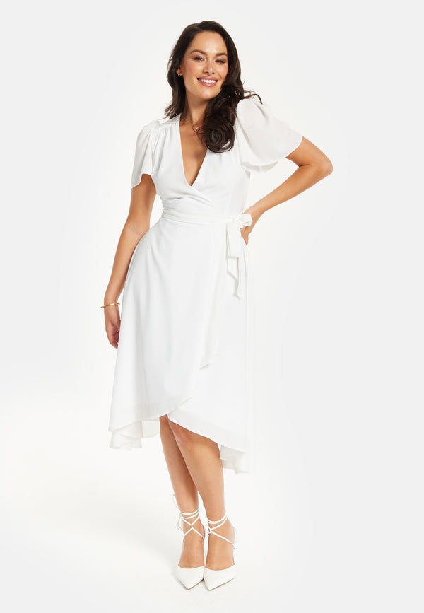 Liquorish Women's Midi Dress In White With Angel Sleeves For Timeless Elegance - Liquorish