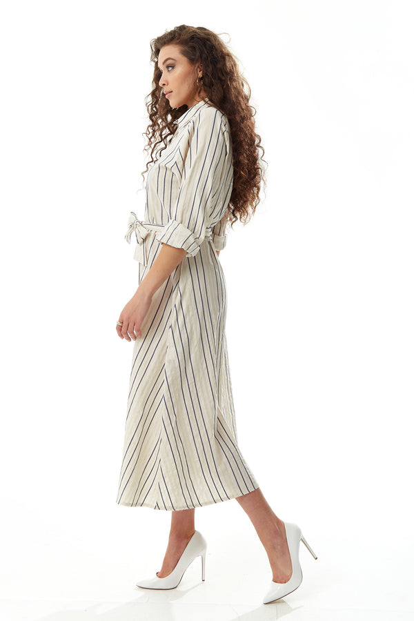 Liquorish Women's Midi Dress In White With Long Sleeves And Navy Stripes - Elegant Button Up Style By Liquorish