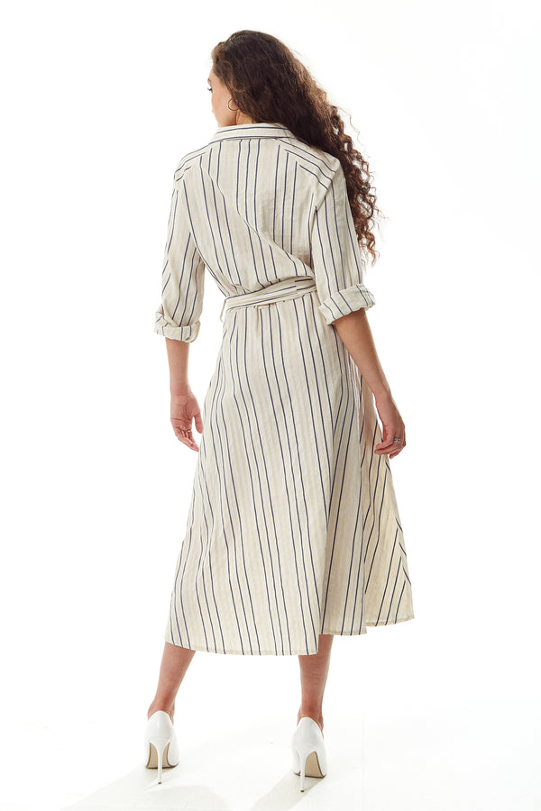 Liquorish Women's Midi Dress In White With Long Sleeves And Navy Stripes - Elegant Button Up Style By Liquorish