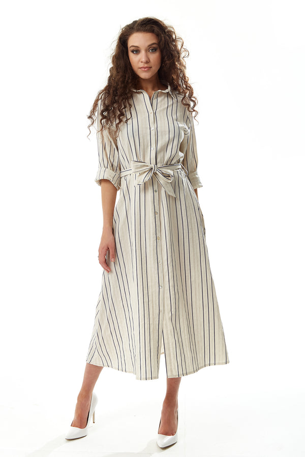 Liquorish Women's Midi Dress In White With Long Sleeves And Navy Stripes - Elegant Button Up Style By Liquorish