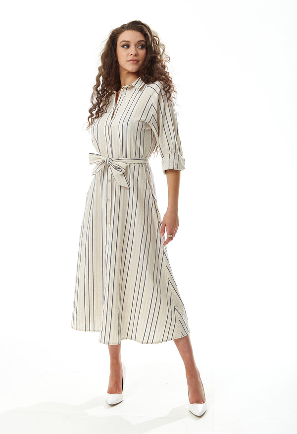Liquorish Women's Midi Dress in White with Long Sleeves and Navy Stripes - Elegant Button Up Style by Liquorish