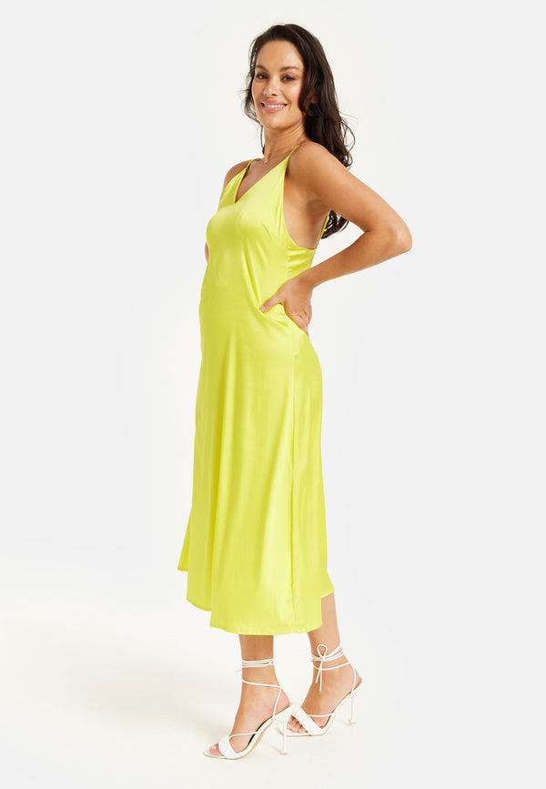 Liquorish Women's Midi Dress In Yellow Satin With Spaghetti Straps And Deep V Neck - Liquorish