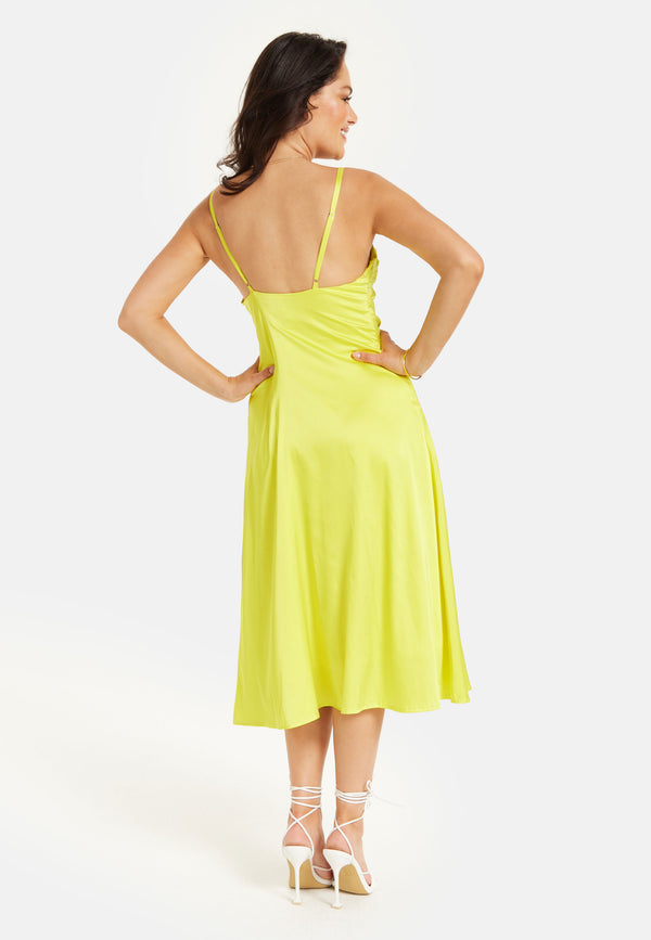 Liquorish Women's Midi Dress In Yellow Satin With Spaghetti Straps And Deep V Neck - Liquorish